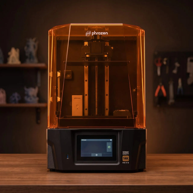 Phrozen Sonic Mighty Revo 14K resin 3D printer front view on warm timber workbench