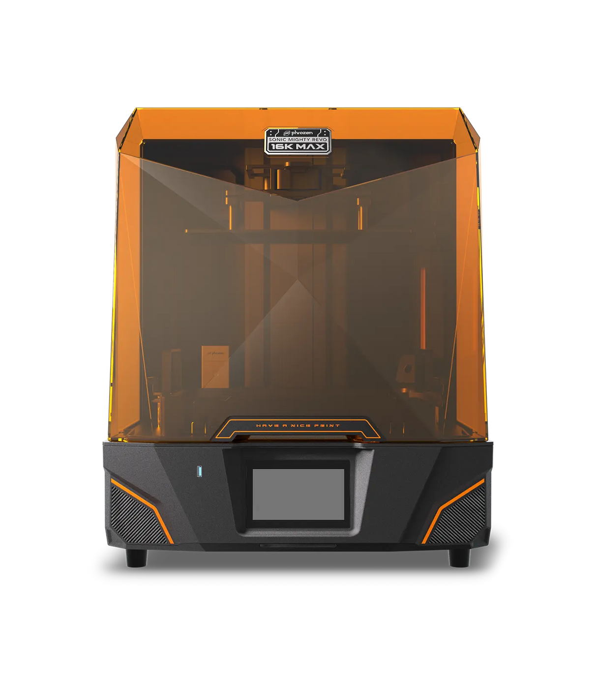 Phrozen Sonic Mighty Revo 16K Max resin 3D printer front view with touchscreen and orange UV enclosure