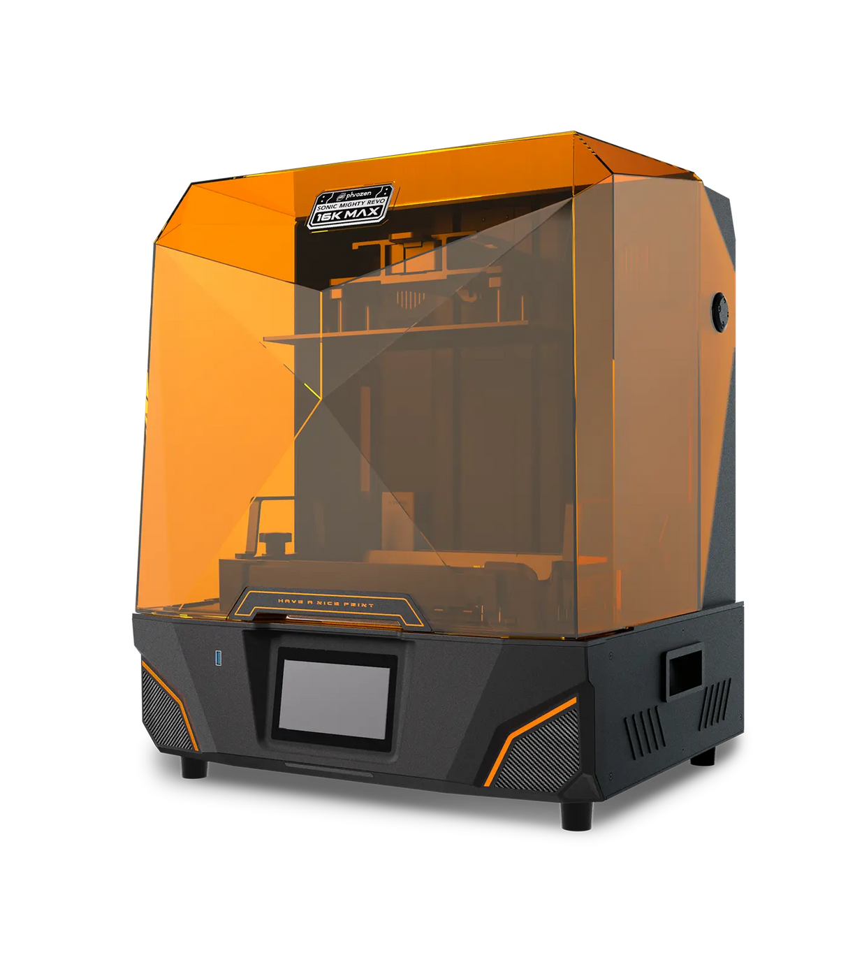 Phrozen Sonic Mighty Revo 16K Max resin 3D printer three-quarter front angle view with orange UV cover