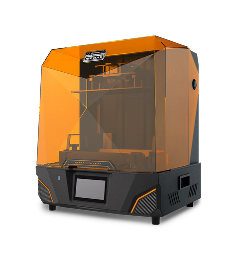 Phrozen Sonic Mighty Revo 16K Max resin 3D printer three-quarter front angle view with orange UV cover