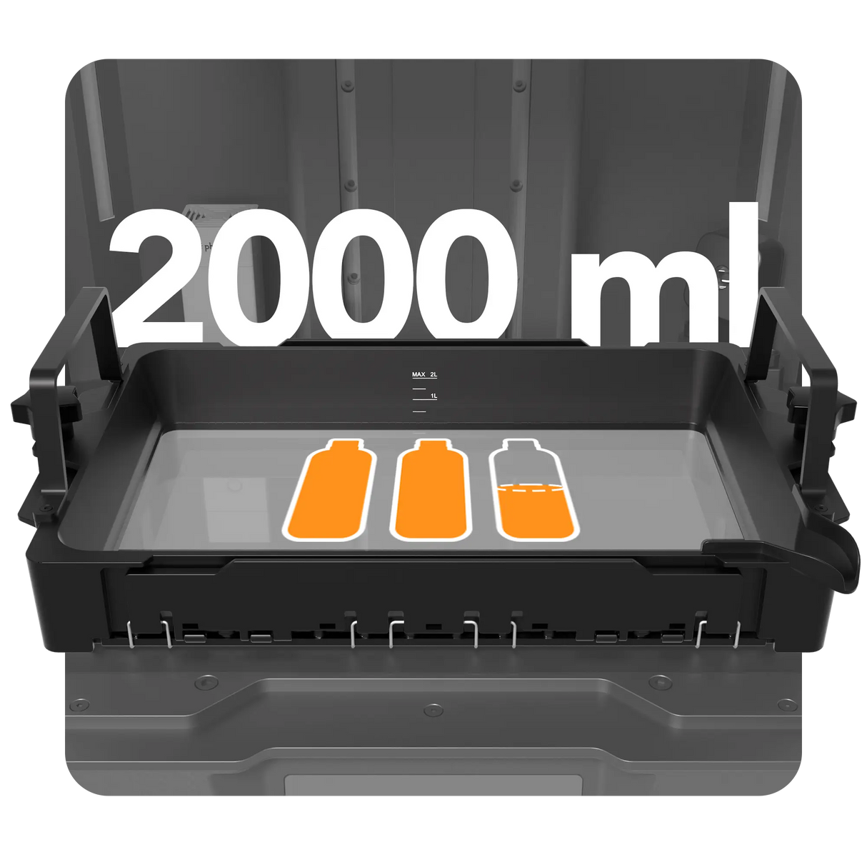Phrozen Sonic Mighty Revo 16K Max resin vat showing 2000ml maximum capacity with fill level markings