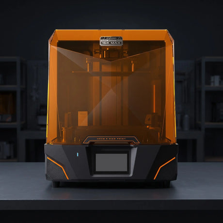 Phrozen Sonic Mighty Revo 16K MAX resin 3D printer front view on dark studio workbench