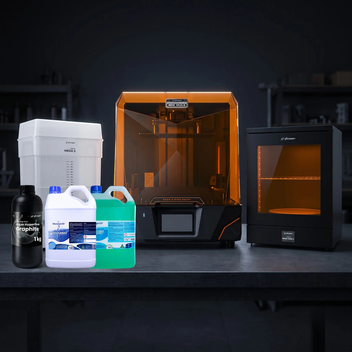 Phrozen Sonic Mighty Revo 16K MAX Super Bundle with Wash Mega S, Cure Mega S, Aqua Hyperfine Graphite resin, Resinaway and RinseOff on dark studio workbench
