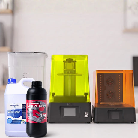 Phrozen Sonic Mini 8KS resin 3D printer bundle with wash station, cure station, Aqua-Gray 8K resin and Resinaway on white home office desk