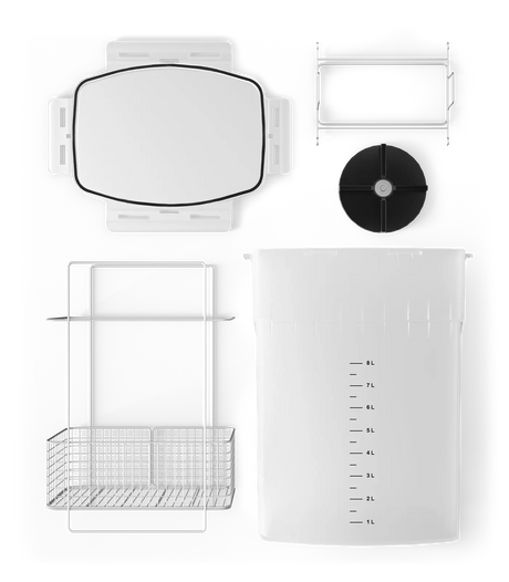 Phrozen Wash and Cure Kit Washing Bucket Set contents: lid, basket and holder, magnetic impeller, and 8 litre bucket