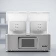 Phrozen Wash+ dental resin washing unit, front view, with two translucent 3L wash tanks and a touchscreen control panel.