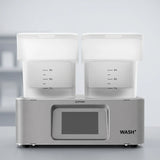 Phrozen Wash+ dental resin washing unit, front view, with two translucent 3L wash tanks and a touchscreen control panel.