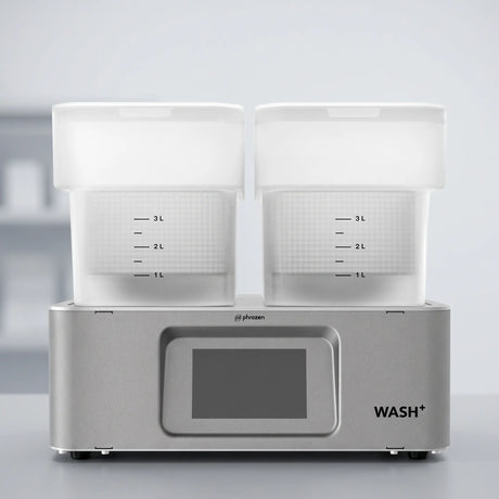 Phrozen Wash+ dental resin washing unit, front view, with two translucent 3L wash tanks and a touchscreen control panel.