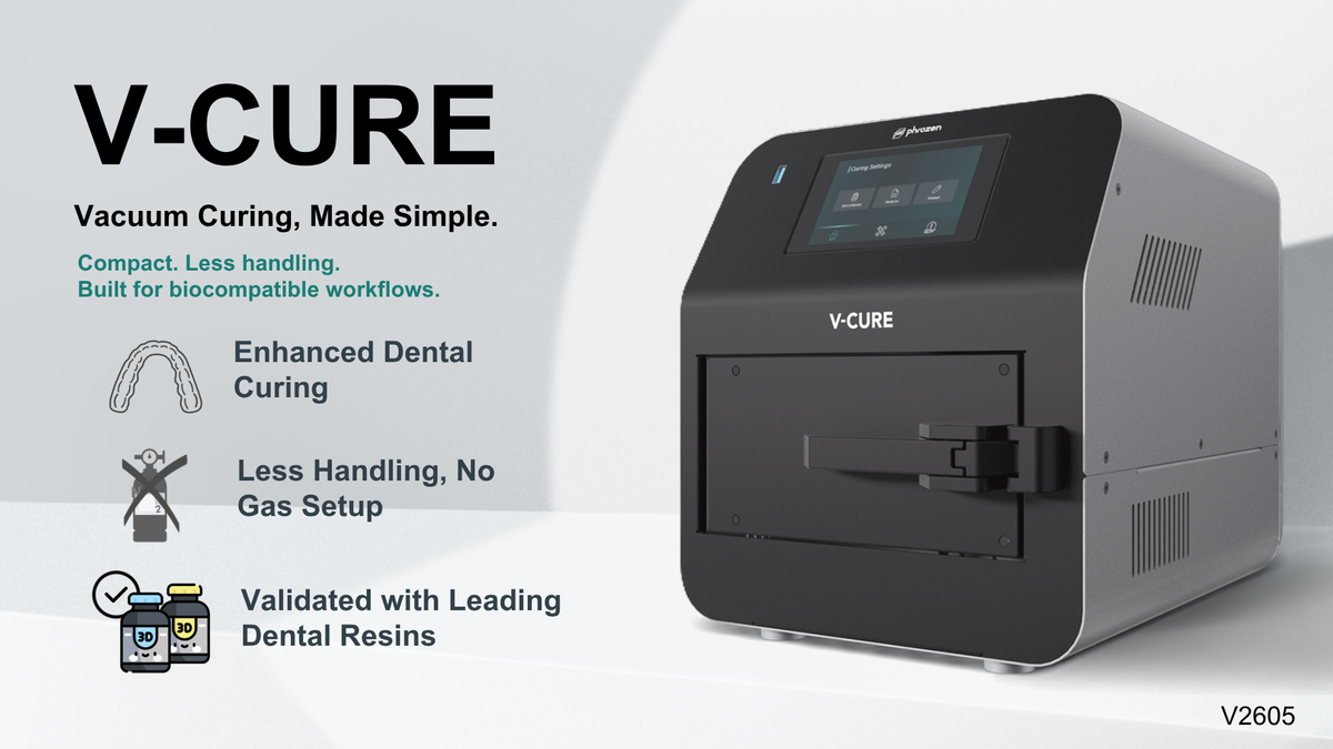 Phrozen V-CURE vacuum curing station, front angle view, with the tagline Vacuum Curing, Made Simple