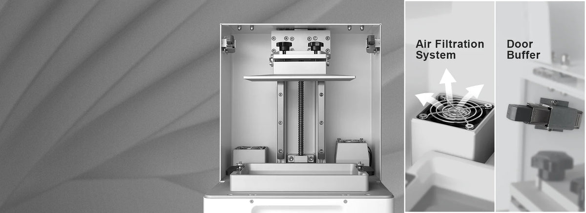 Phrozen Sonic XL 4K Plus internal build chamber showing dual linear rail Z-axis, built-in air filtration system, and door buffer mechanism
