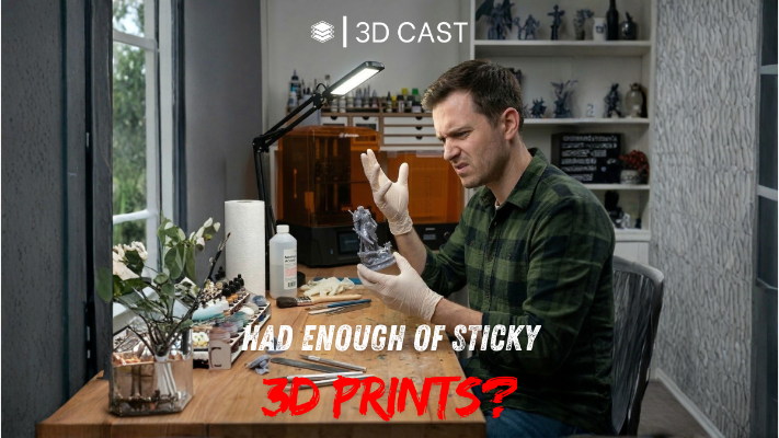 A frustrated 3D printing enthusiast wearing gloves looking at a sticky, tacky resin 3D printed miniature in a workshop.